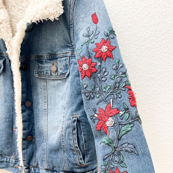 Sherpa Jean Jacket with Red Embroidered Flowers.  Size Small - Picture 3 of 11
